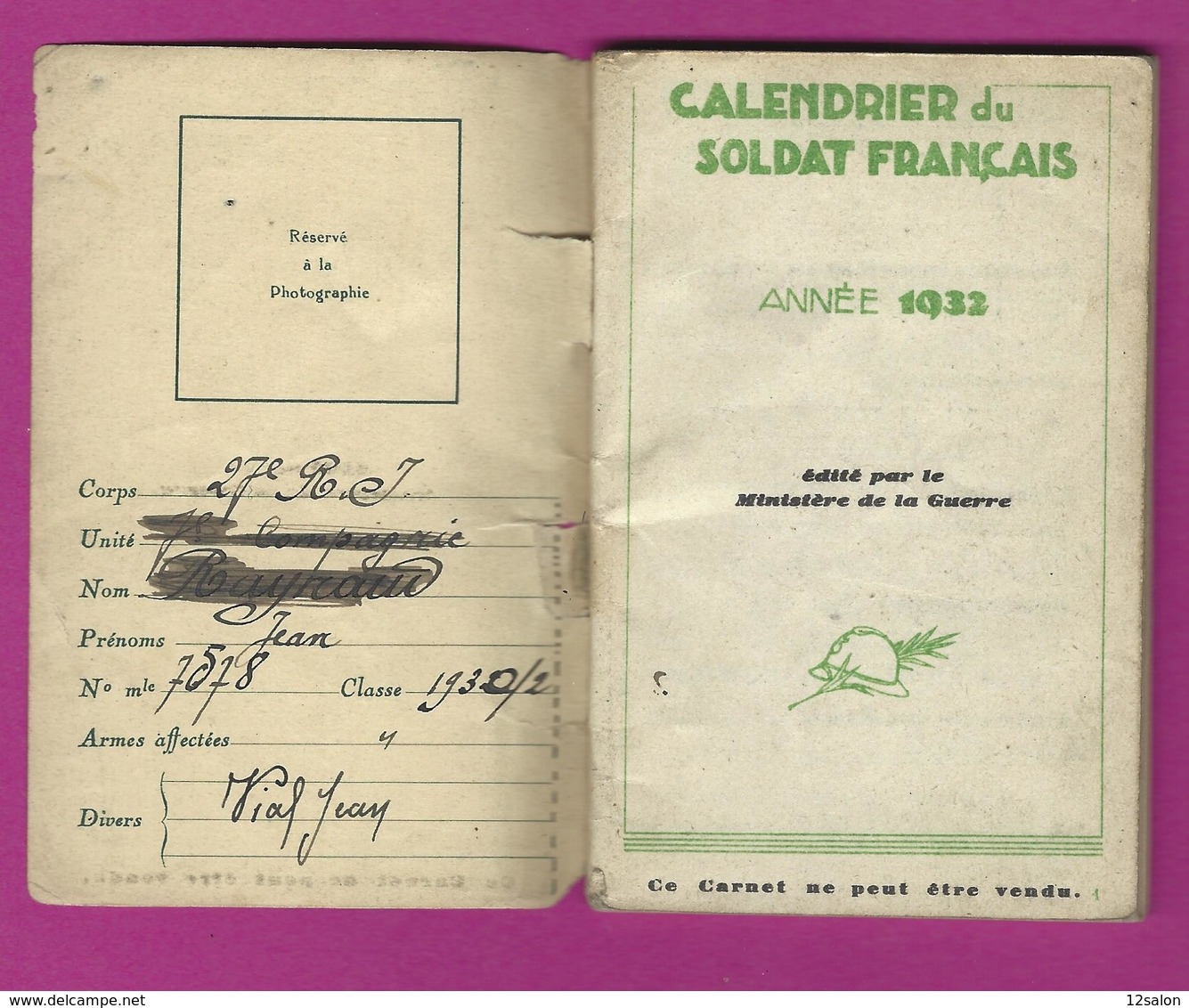 CALENDRIER DU SOLDAT FRANCAIS 1932 - Dokumente