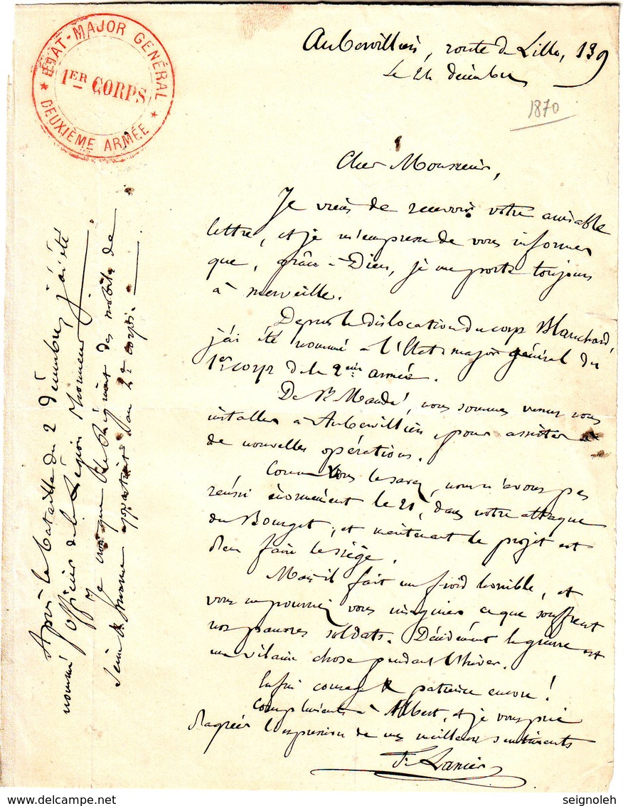 GUERRE DE 1870 , Lettre Aubervilliers Avec Cachet ETAT MAJOR GENERAL 2 Eme ARMEE , TTB TEXTE - Autres & Non Classés