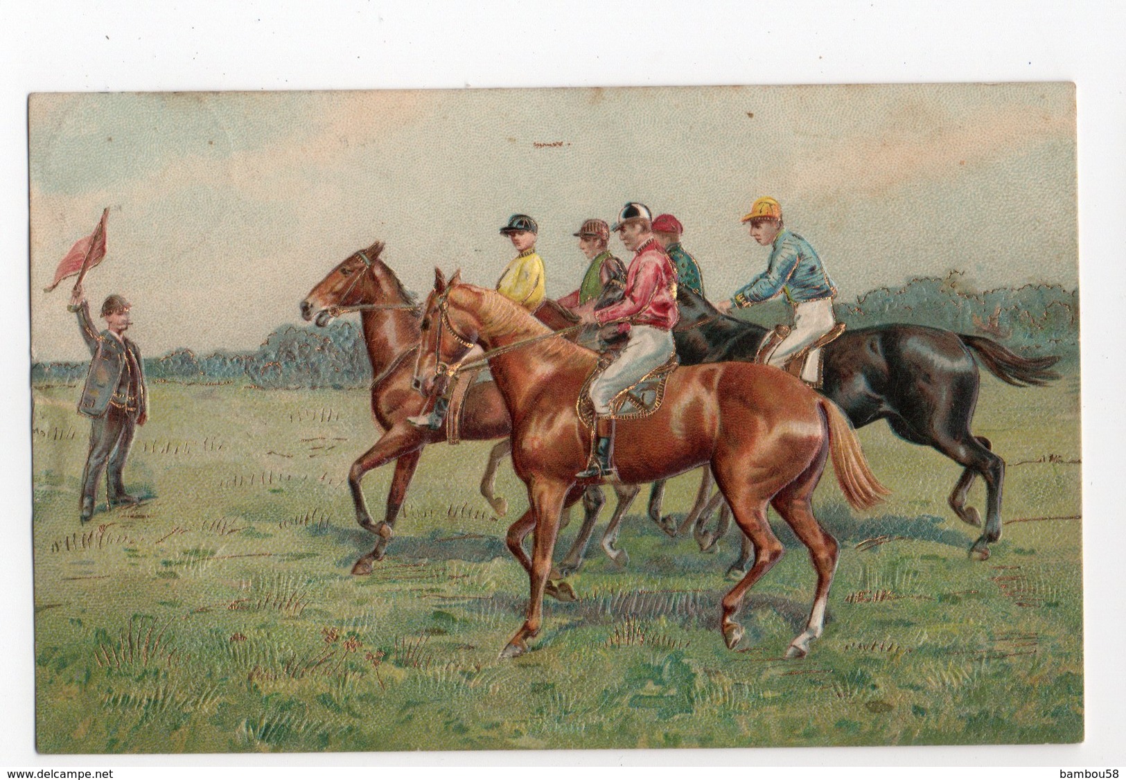 CHEVAL * CHEVAUX * HIPPISME *JOCKEYS * DRAPEAU * Carte Gaufrée & Dorée - Paarden