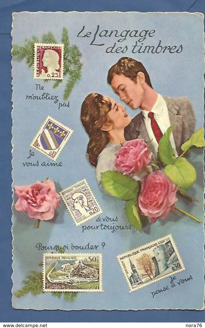 CPSM  "Le Langage Des Timbres" Années 1960 Couple En Portrait ,roses - Autres & Non Classés
