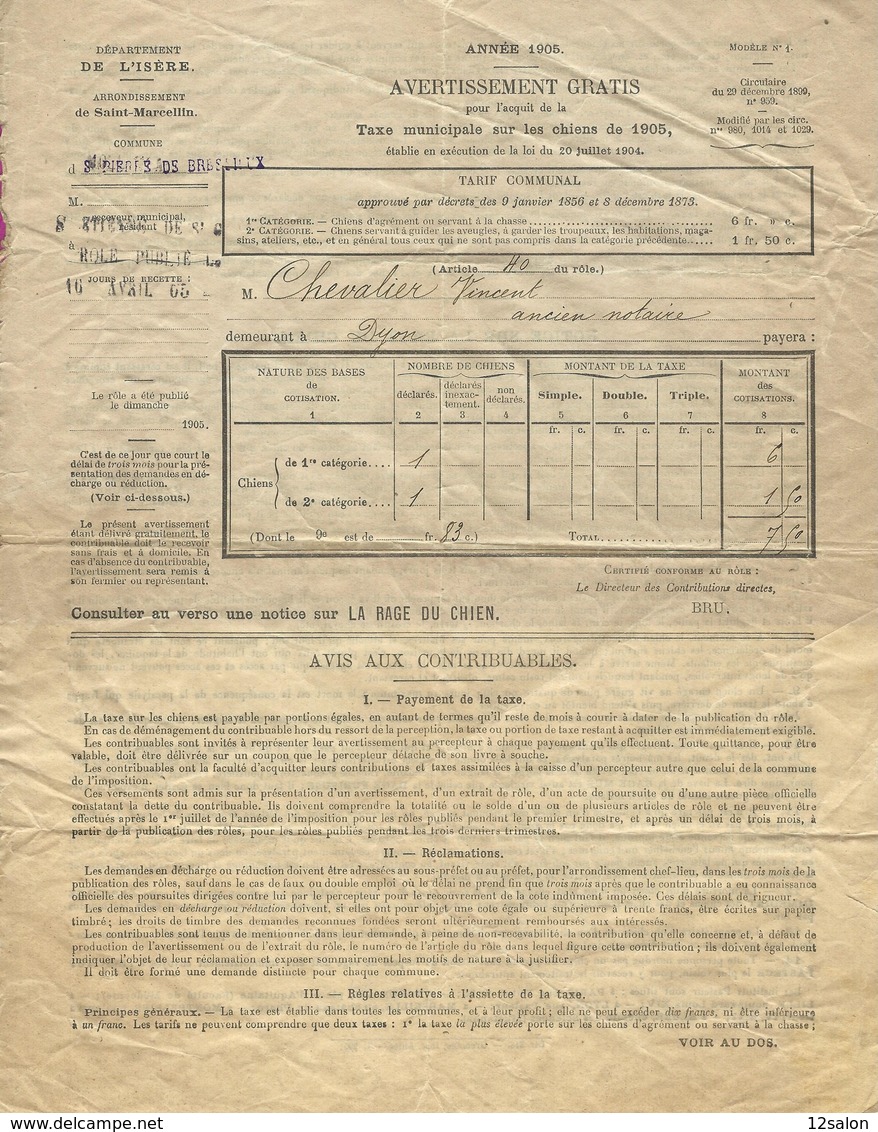 SAINT MARCELLIN ISERE TAXE MUNICIPALE SUR LES CHIENS 1905 - Decrees & Laws