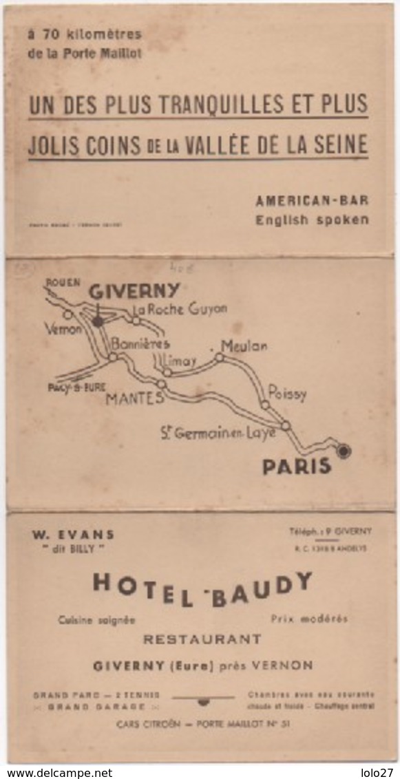 Dépliant 3 Cartes Hotel Baudy  GIVERNY    A VOIR !!! - Andere & Zonder Classificatie