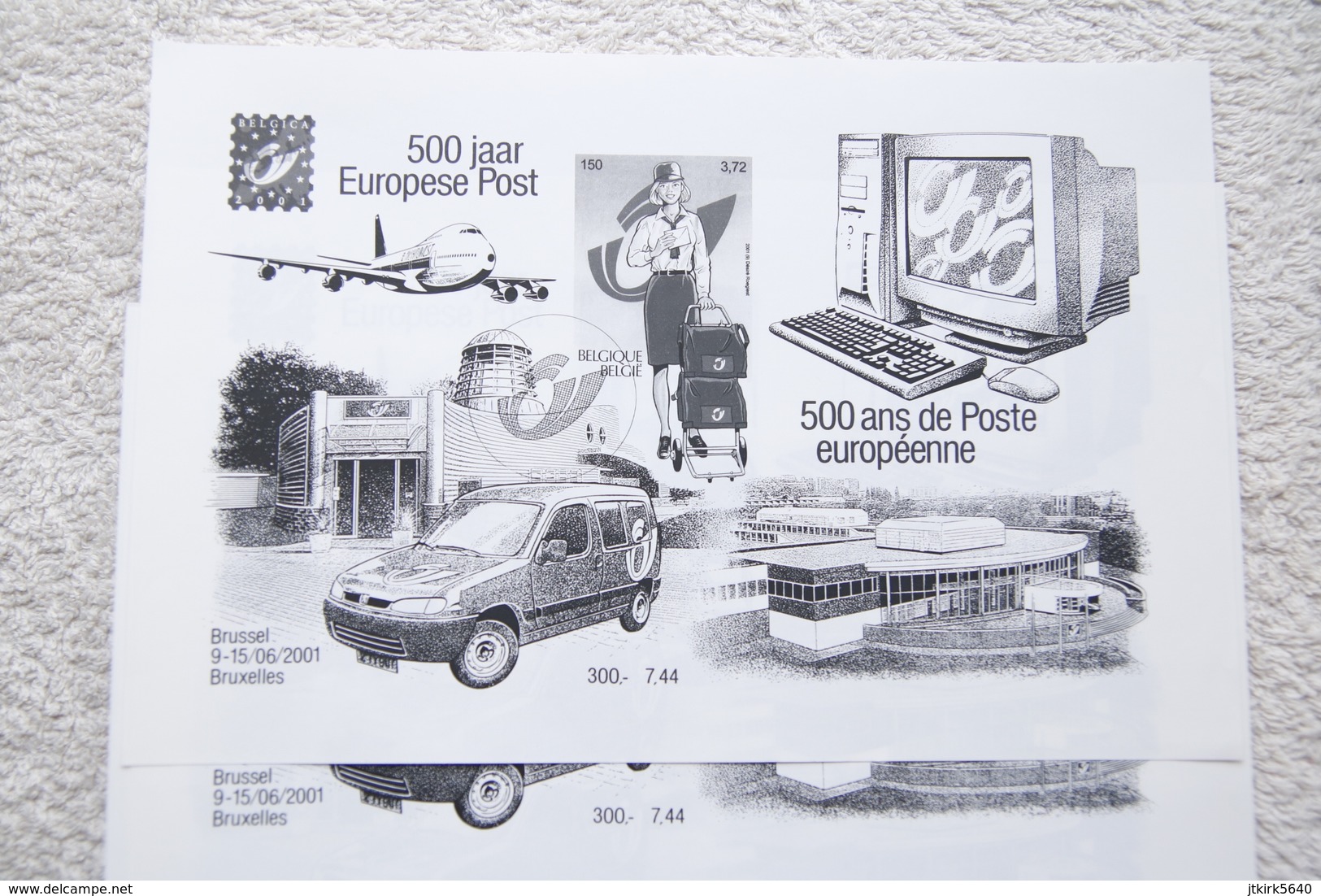 5 Feuillets Noir Et Blanc "500 Ans De Poste Européenne" (COB/OBP 3001) Belgica 2001. - Schwarz-weiß Kleinbögen [ZN & GC]