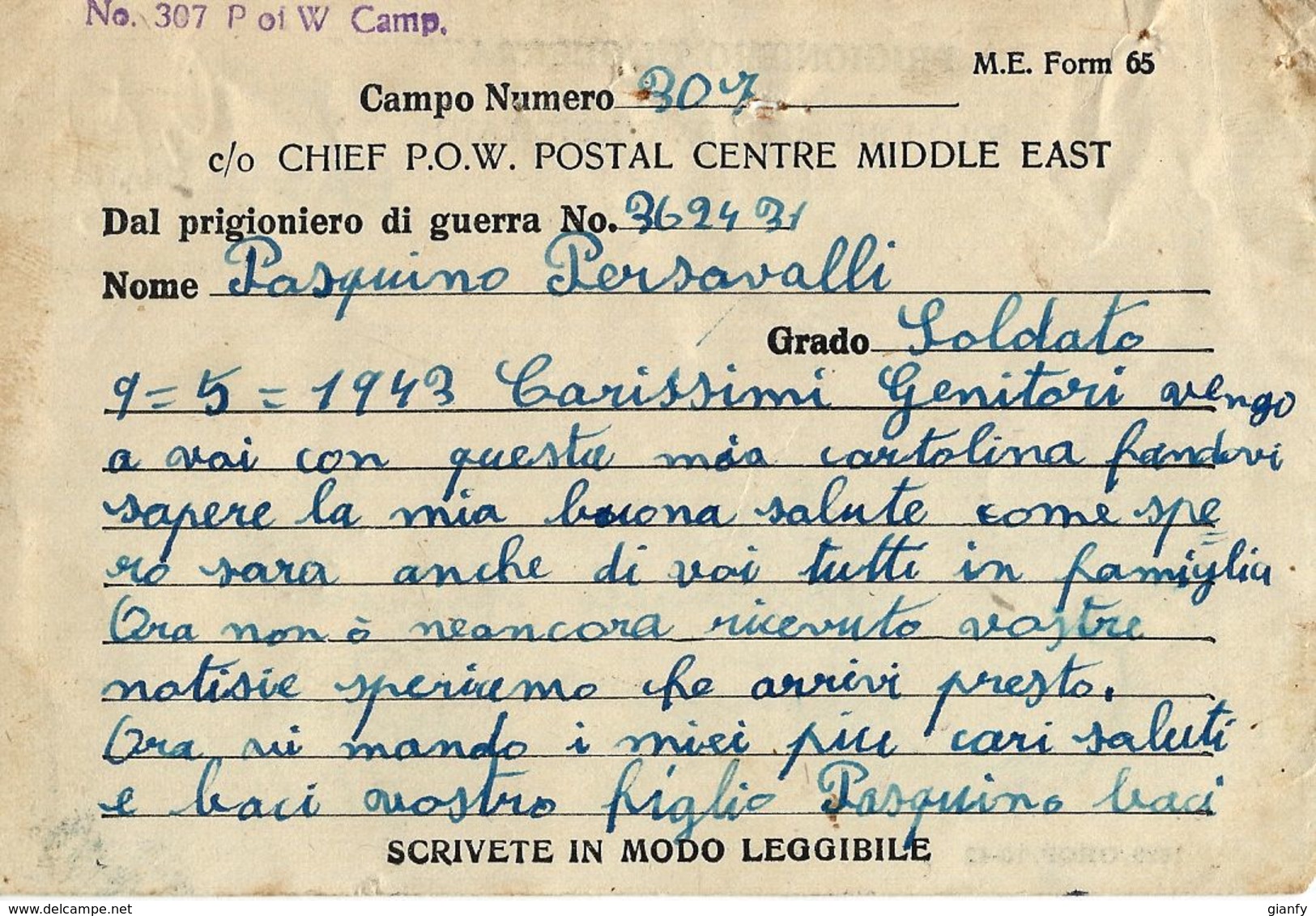 CARTOLINA PRIGIONIERI POW CAMP 307 FAYED EGITTO 1943 CASTREZZONE - Posta Militare (PM)