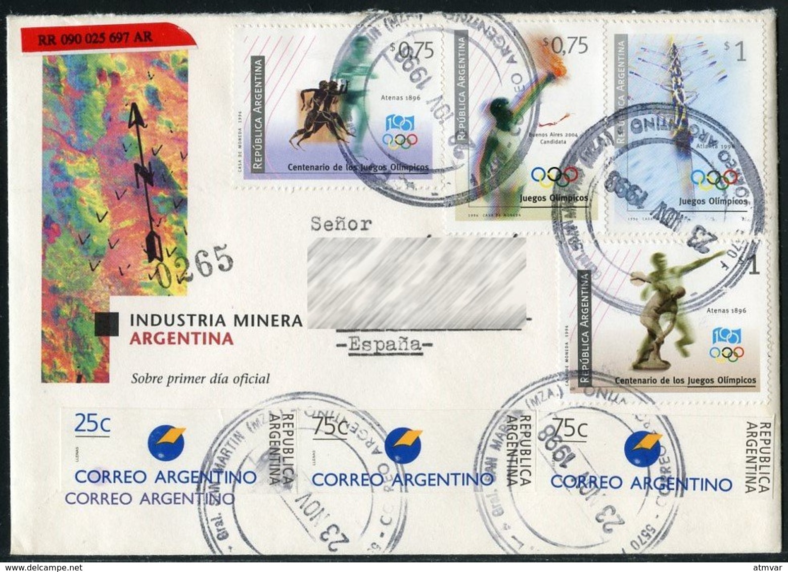 ARGENTINA (1998) - Centenario Juegos Olímpicos Olympic Games, Atletismo, Remo, Antorcha Nuevo Símbolo - Registered Cover - Storia Postale