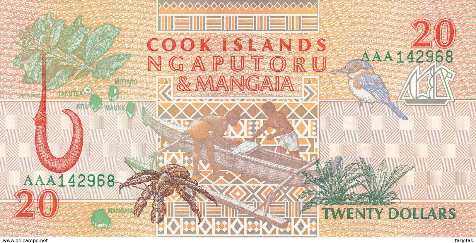 BILLETE DE LA ISLA COOK DE 20 DOLLARS DEL AÑO 1992 SIN CIRCULAR-UNCIRCULATED (SEASHELL) (BANKNOTE) CARACOLA-SEA SHELL - Cook