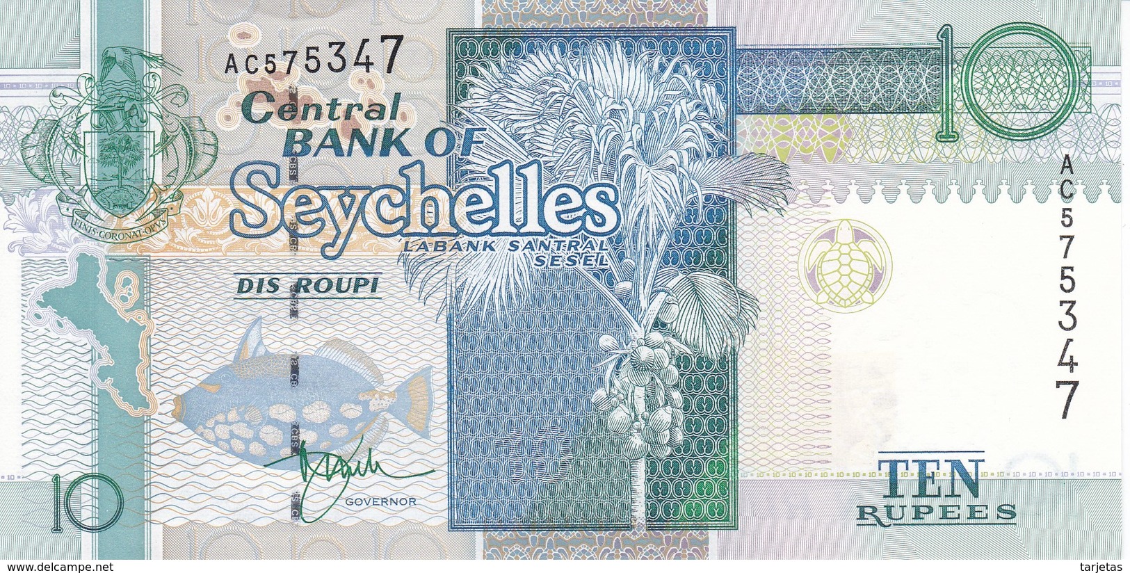 BILLETE DE SEYCHELLES DE 10 RUPEES DEL AÑO 1998 SIN CIRCULAR - UNCIRCULATED  (BANKNOTE) SEASHELL - TURTLE - Seychellen