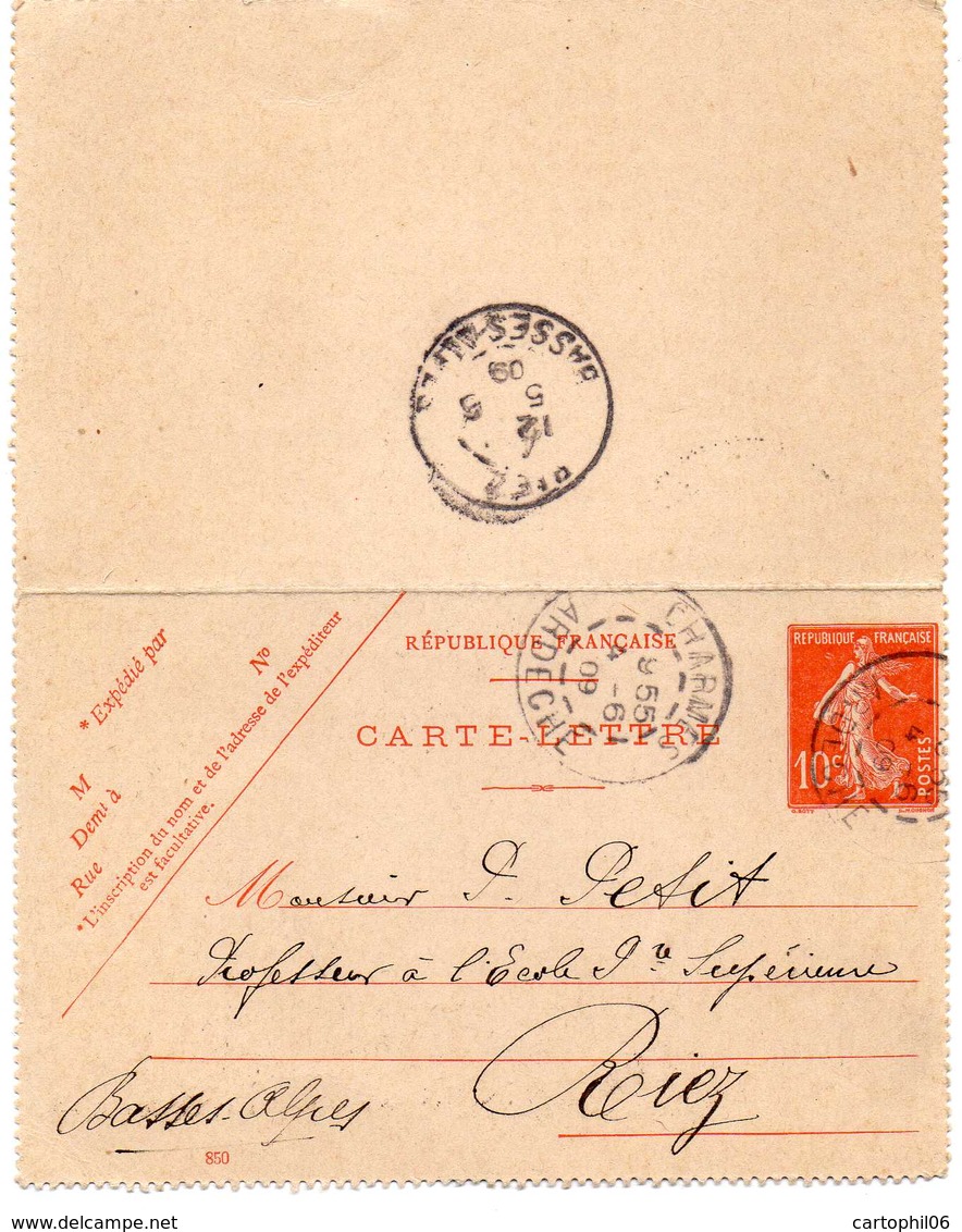 - Carte-Lettre CHARMES Pour RIEZ 4.6.1909 - 10 C. Rouge Type Semeuse Camée - Modèle 850 - - Cartoline-lettere