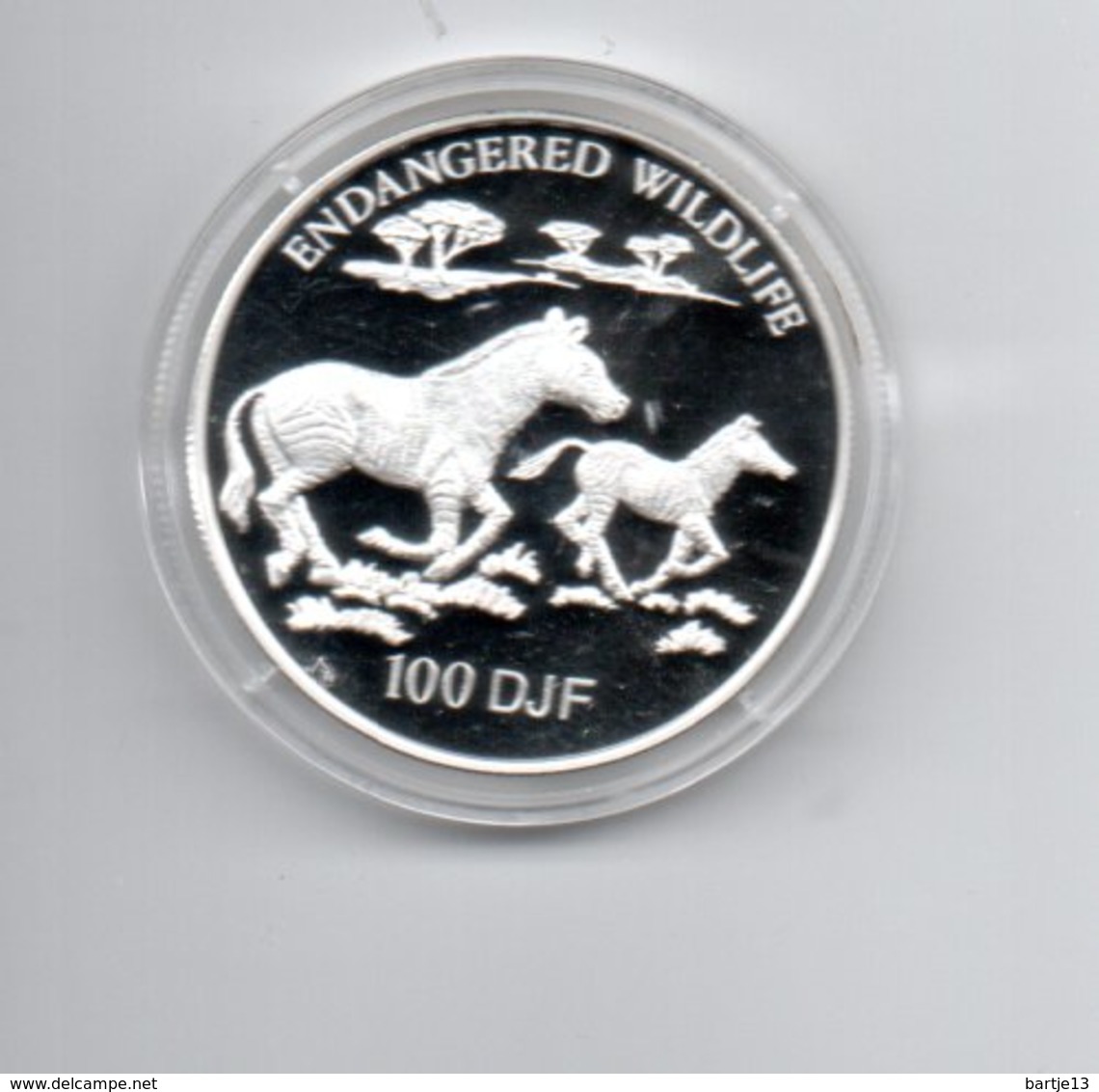 DJIBOUTI 100 DJF 1994 ZILVER  PROOF ENDANGERED WILDLIFE ZEBRA'S - Dschibuti