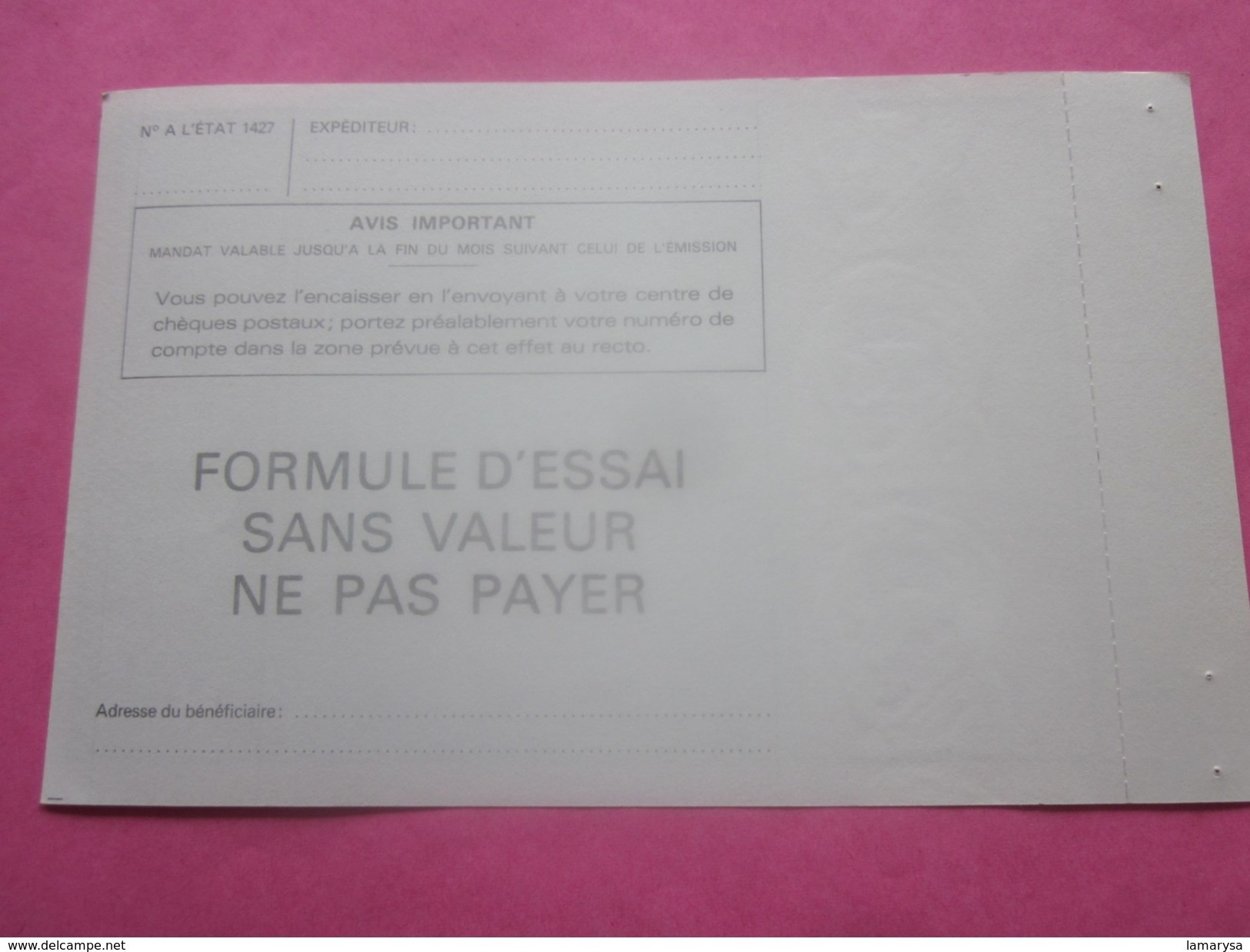 Spécimen Mandat(fictif)Filigrane Cachet Postal Centre Régional De Formation Marseille Europe France Document De La Poste - Specimen