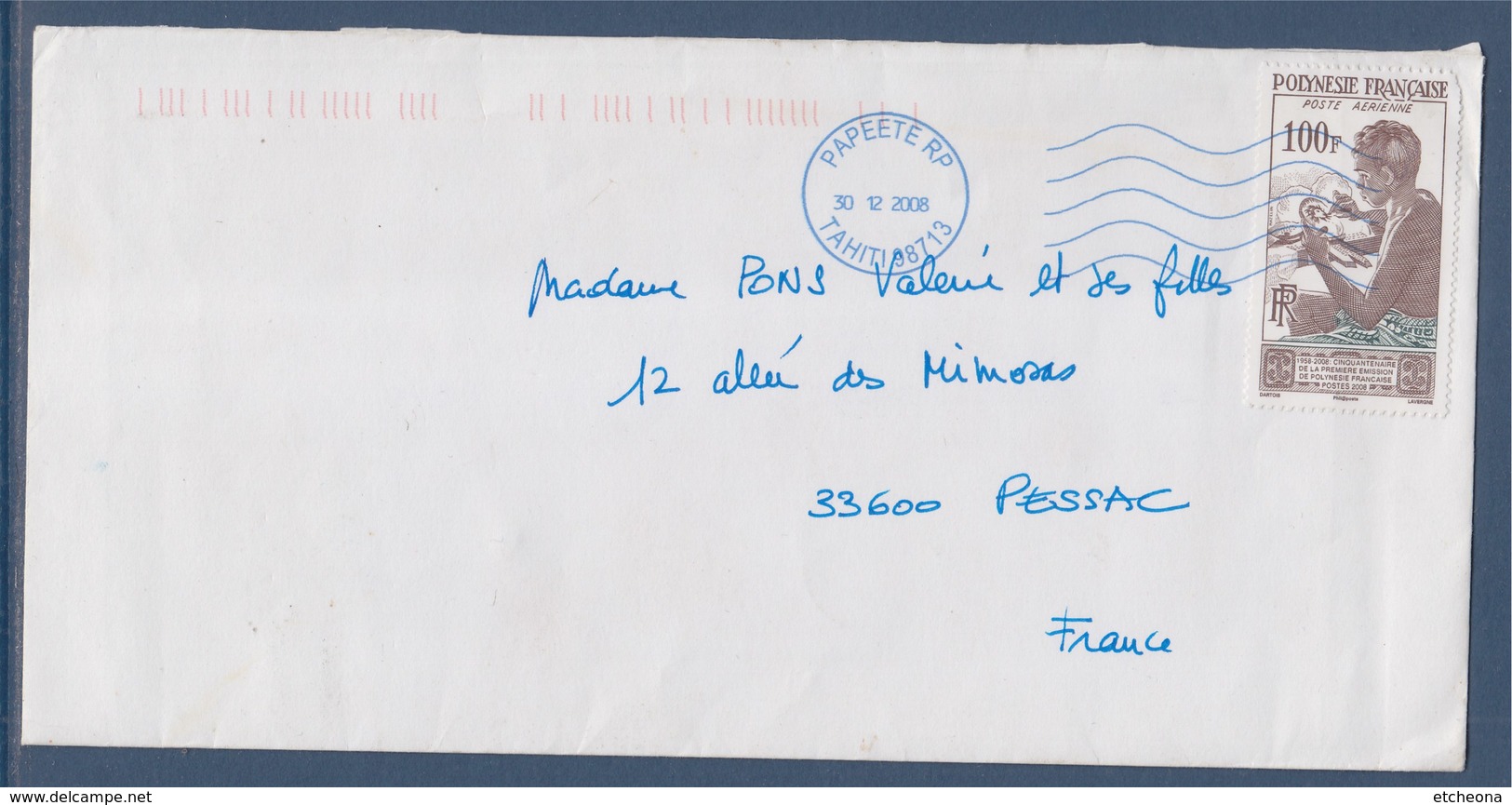 = Polynésie Française, Timbre 859 Graveur Sur Nacre, Reprise Du Visuel PA1 Papeete 30.12.2008 Pour Pessac (Gironde) - Storia Postale