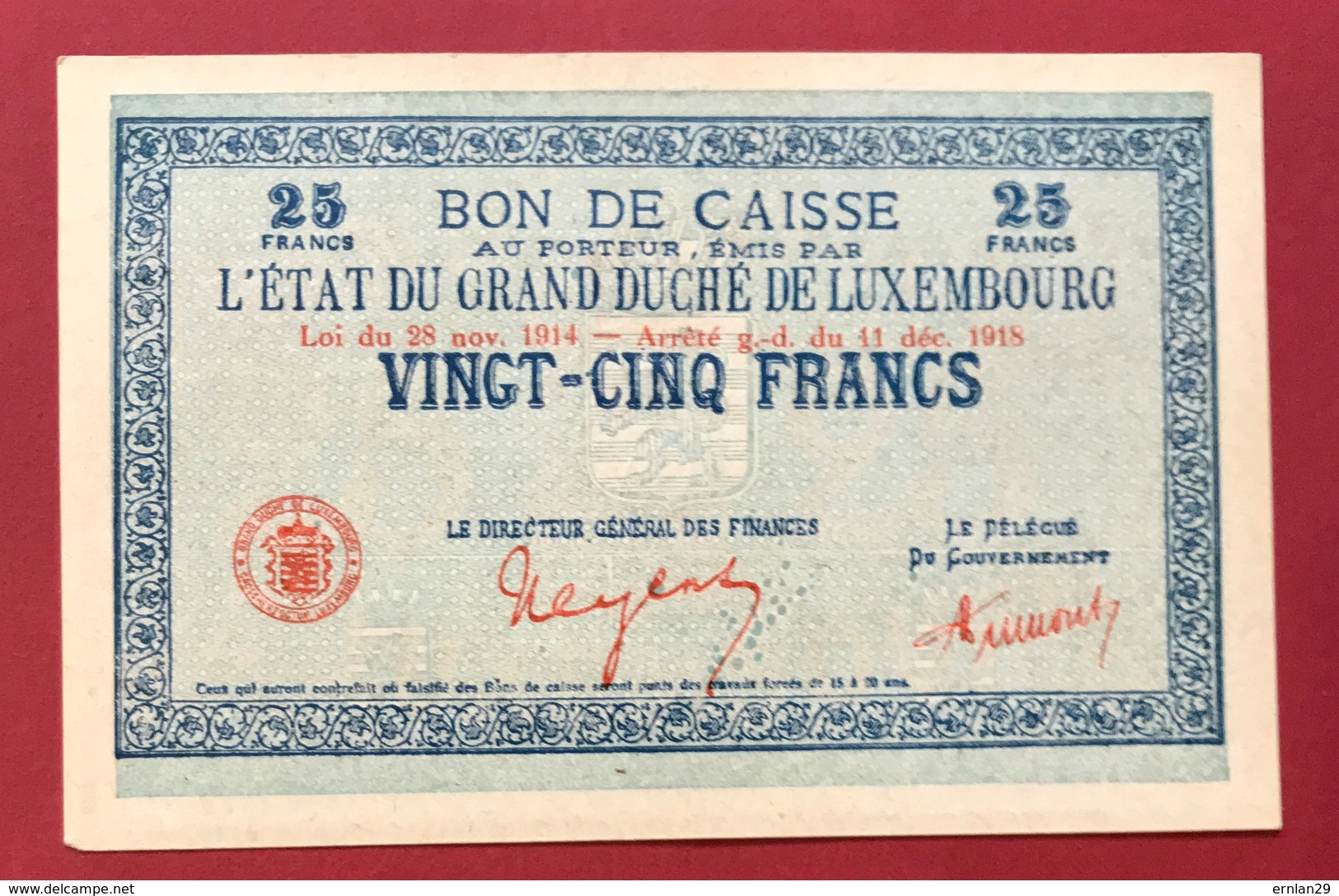 Luxembourg 25 Francs 1914-1918 TTB - Luxemburg