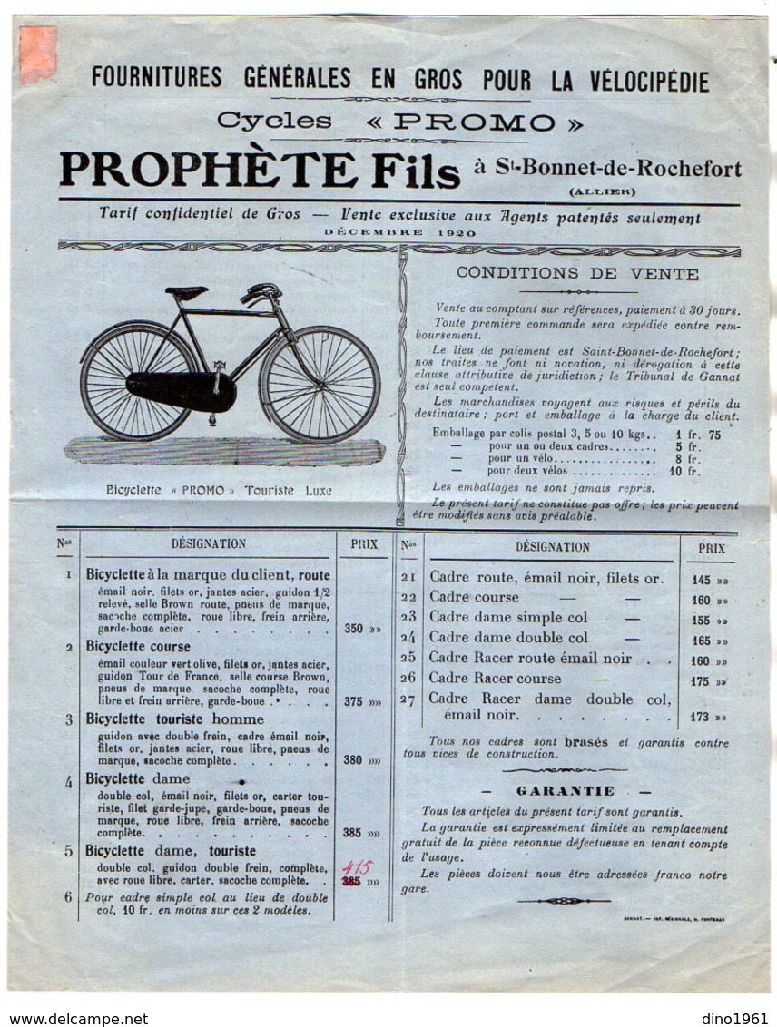 VP17.035 - Document / Pub - Fournitures Générales Pour Vélocipèdie ( Vélo ) PROPHETE Fils à SAINT BONNET DE ROCHEFORT - Sport En Toerisme