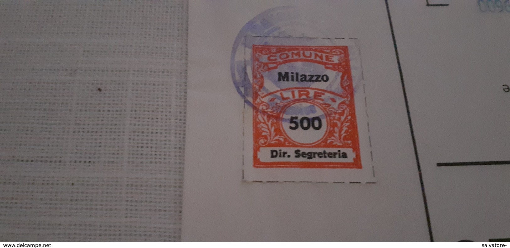 MARCA DA BOLLO COMUNE DI MILAZZO DIRITTI DI SEGRETERIA- 1990 SU FRAMMENTO LIRE 500 - Fiscali