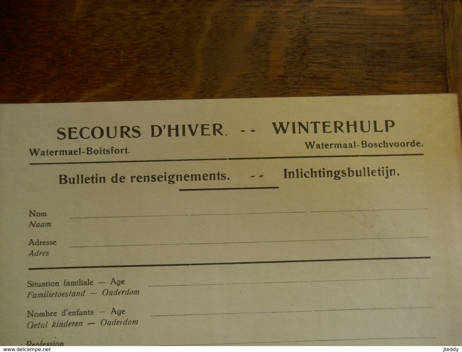 Formulier  WINTERHULP  1942  WATERMAAL  -  BOSCHVOORDE - 1939-45