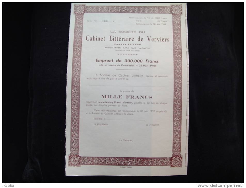 Reconnaissance De Pret De 1000F " Sté Du Cabinet Littéraire De Verviers " 1948 Etat Impeccable,avec Tous Les Coupons. - Casino'