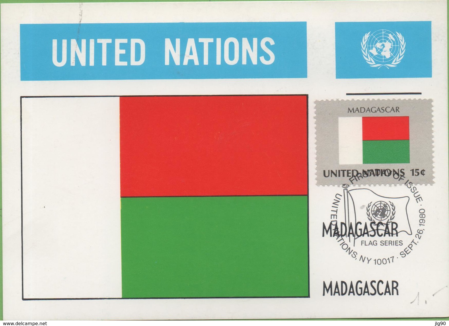 Nations Unies, CP 1er Jour YT328 Drapeau Madagascar 26/09/1980 Non Circulée - Usados