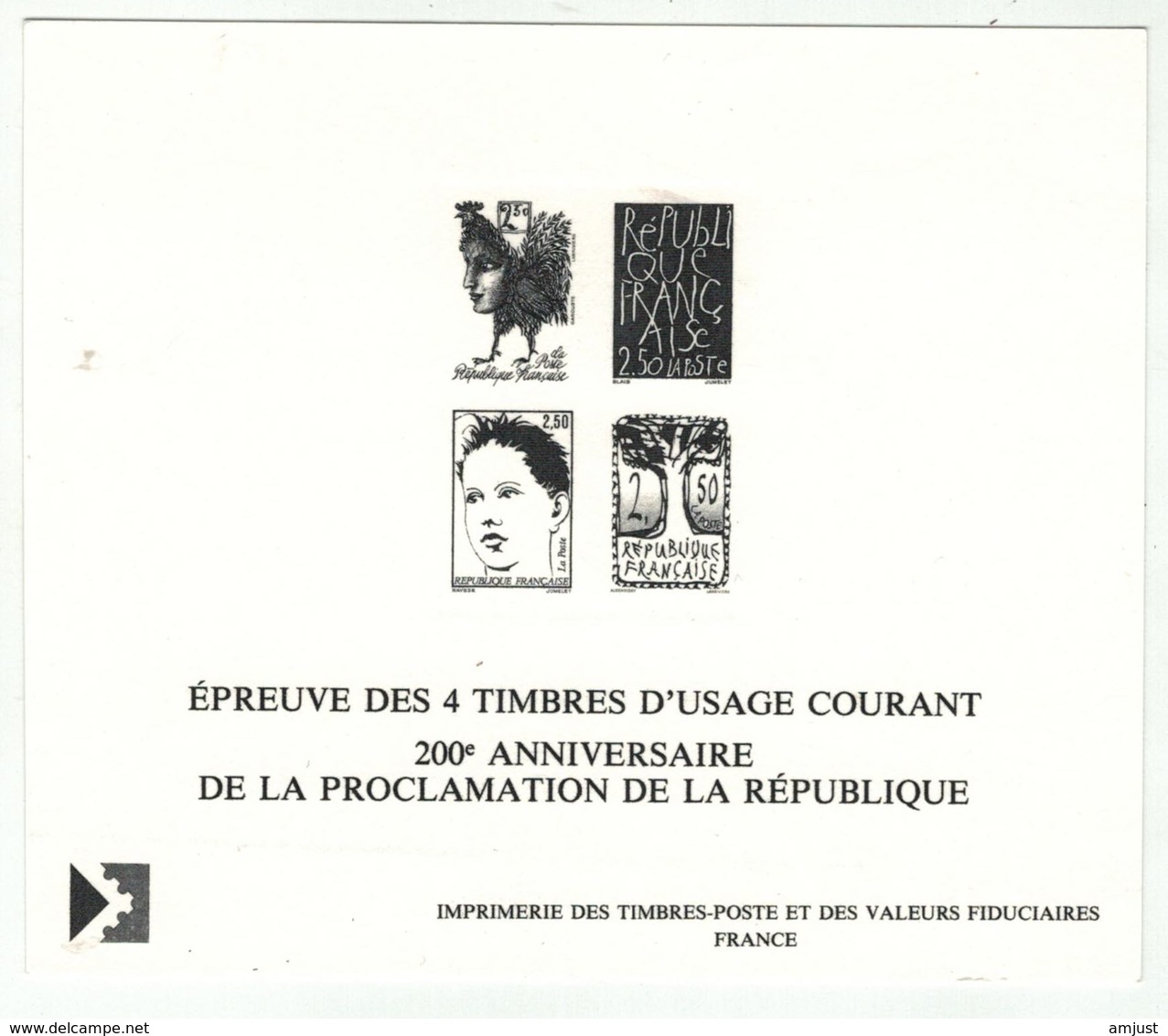 France // Documents De La Poste // Epreuves Des Timbres  200ème Anniversaire Proclamation De La République - Documentos Del Correo