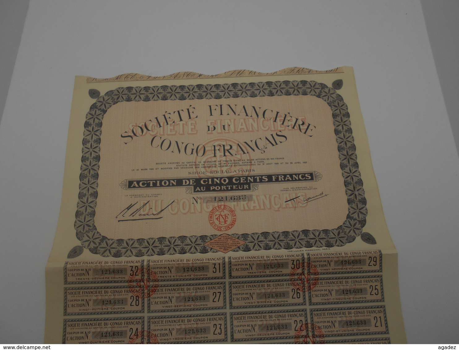 Action De 500 F " Sté Financière Du Congo Français " 1929 Paris Excellent état Reste Des Coupons N°121633 - Afrique