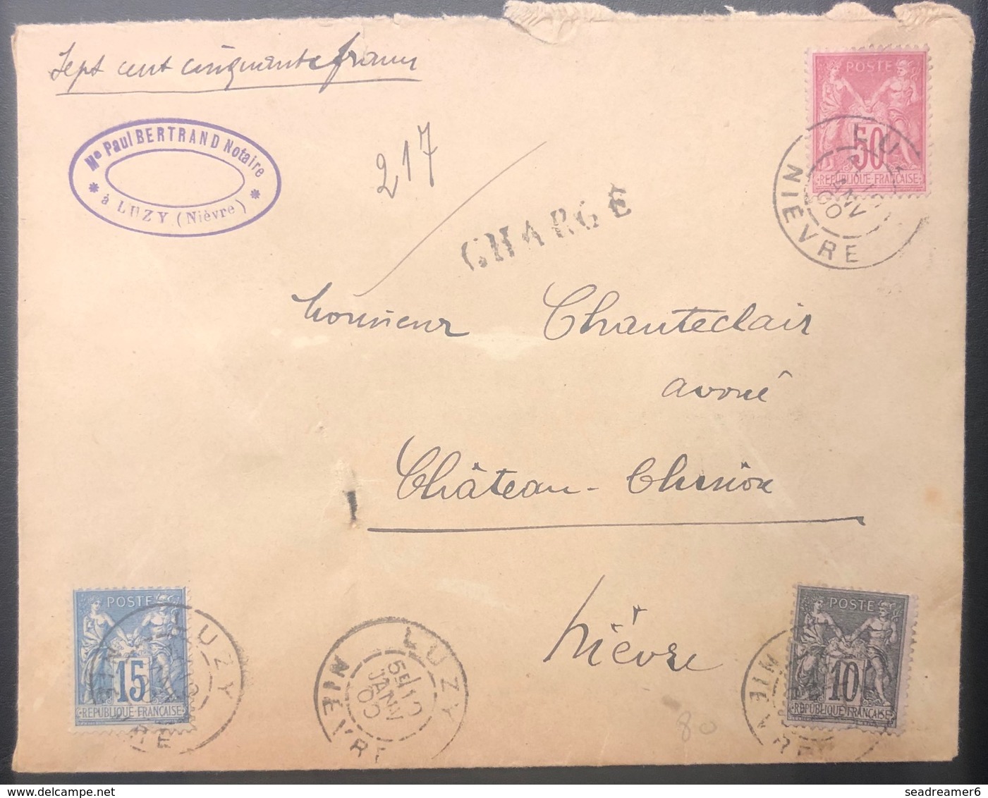 Lettre Chargé En VD De 750 FR à 0fr 75c Tricolore Sage N°90, 98 &101 De Luzy Pour Chateau Chinon TTB - 1898-1900 Sage (Type III)