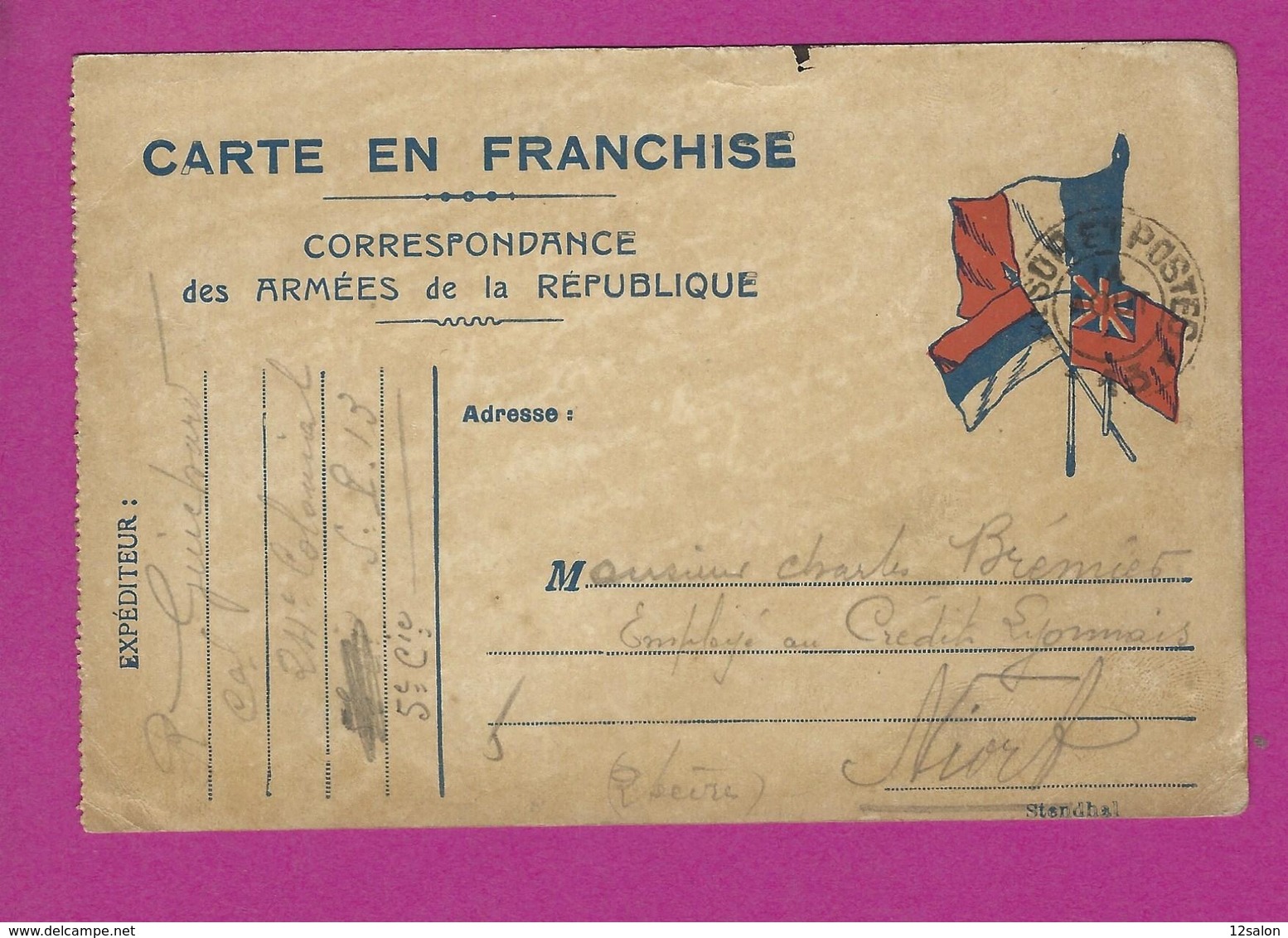 CARTE FRANCHISE MILITAIRE SECTEUR 13 Pour NIORT - Guerre De 1914-18