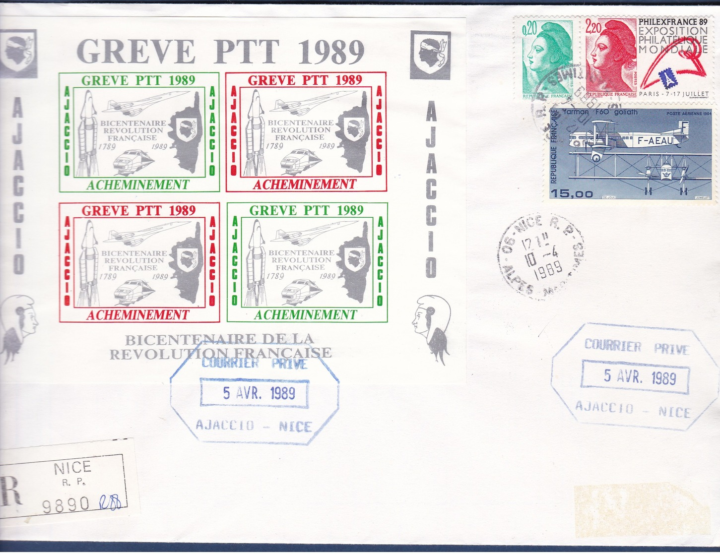 TIMBRES DE GREVE AJACCIO-NICE EN BLOC DE 4  COURRIER PRIVE 5 AVR/10 AVRIL 1989 - Other & Unclassified