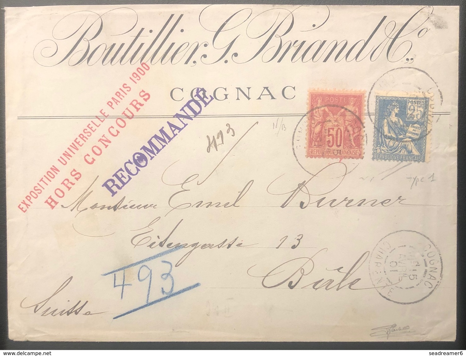 Lettre Mixte Recommandé à 0fr 75c Sage/Mouchon N°104 & 114 Cognac Pour Bale En Suisse "expo Universelle 1900" TTB Signée - 1898-1900 Sage (Type III)