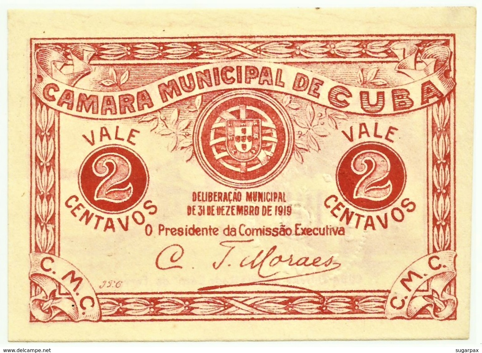 CUBA - Cédula De 2 Centavos - M.A. 803 - 31.12.1919 - Entrada Da Villa - Portugal - Emergency Paper Money Notgeld - Portugal