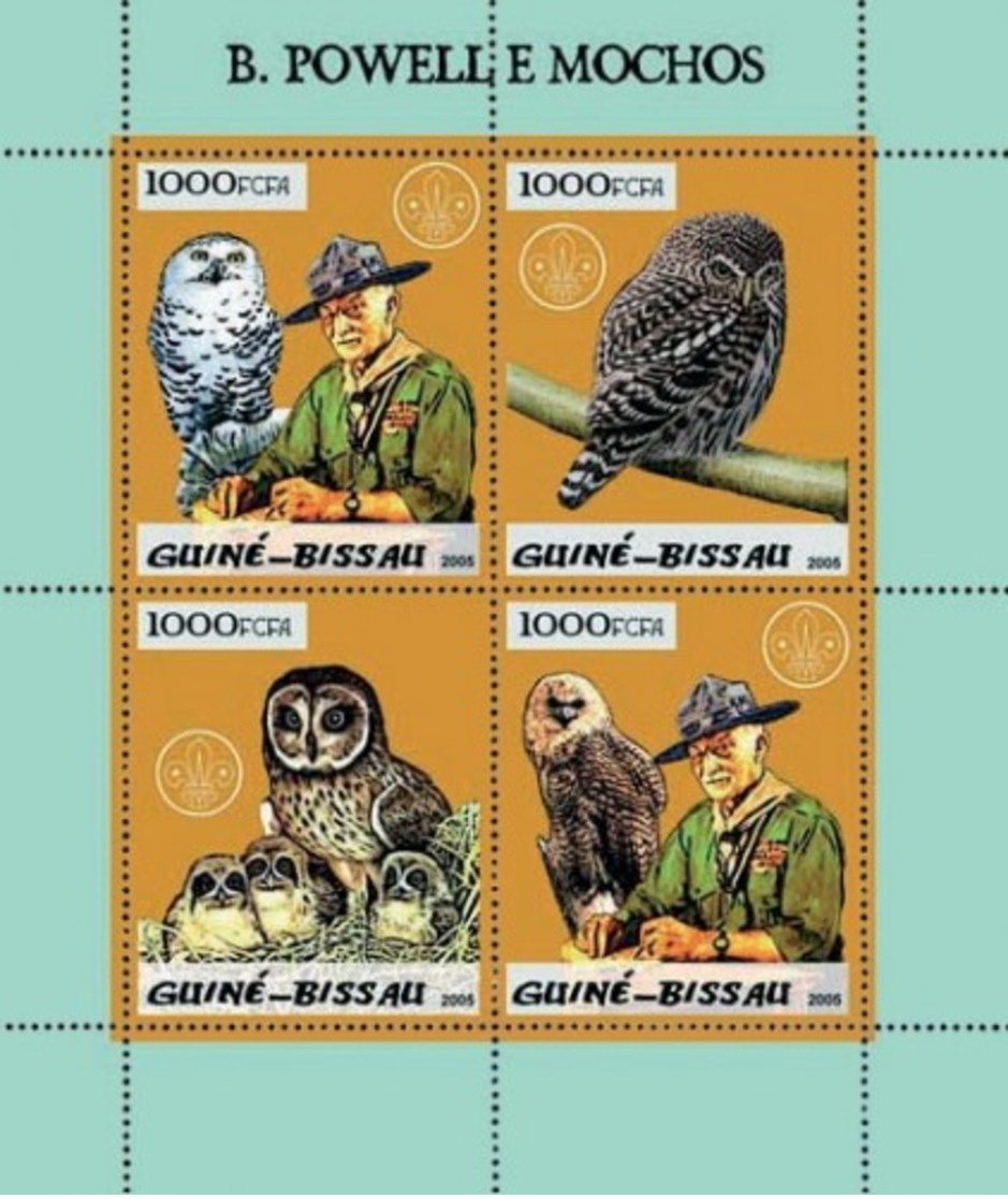 GUINEA BISSAU - SCOUTS - 2005 - Scouts, Owls, Gold Embossed - Perf 4v Sheet - M N H - Guinea-Bissau