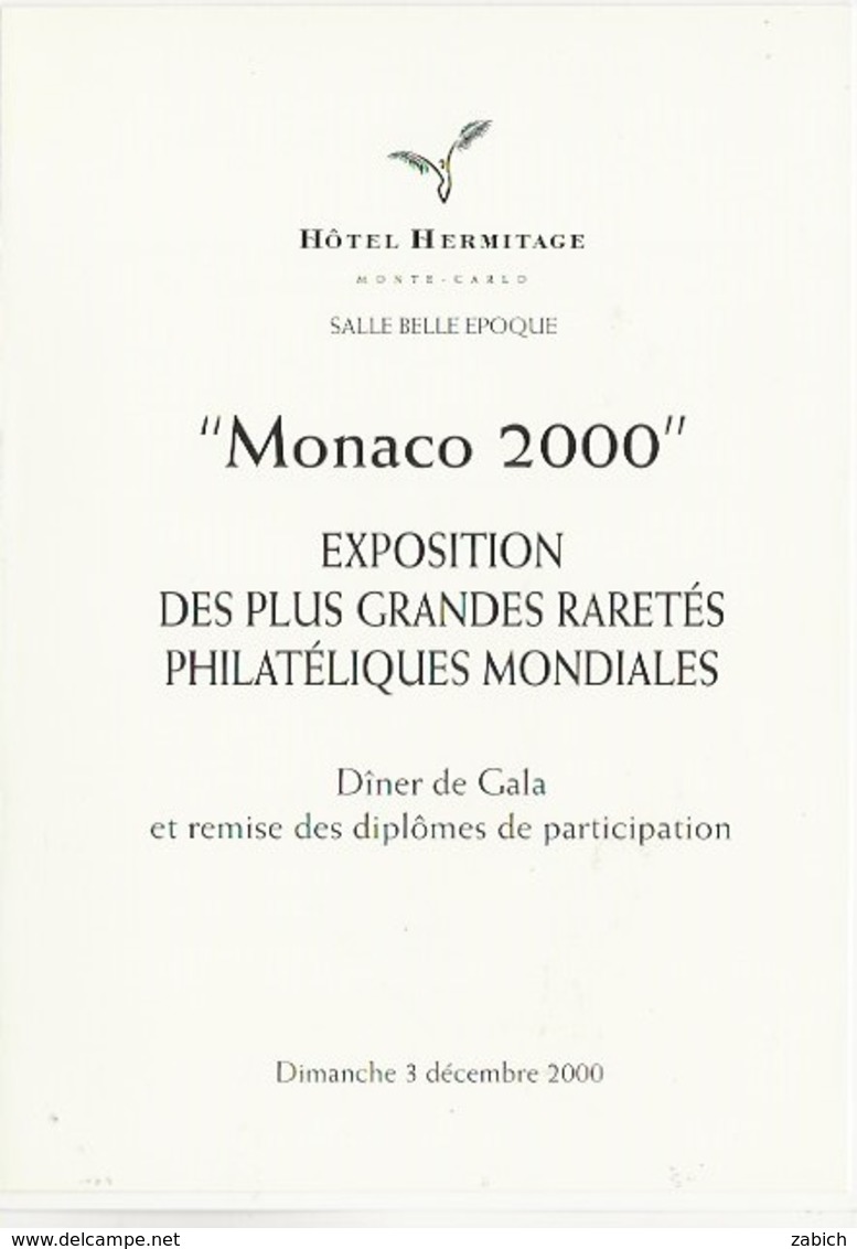 MONACO MENU DINER DE GALA EXPO PHILATHELIQUE MONACO 2000  3 DECEMBRE 2000 - Sonstige & Ohne Zuordnung