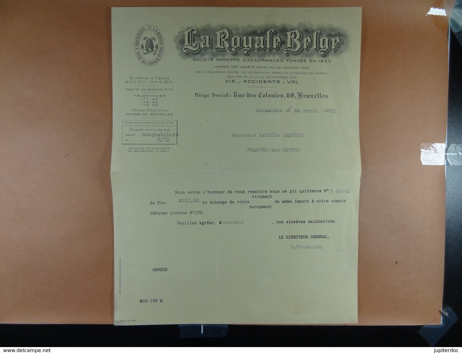 La Royale Belge Assurances Bruxelles 1931 - Bank & Versicherung