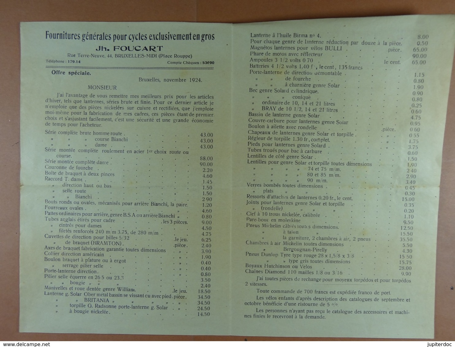 JH. Foucart Bruxelles Fournitures Générales Pour Cycles Exclusivement En Gros 1924 - Sports & Tourisme