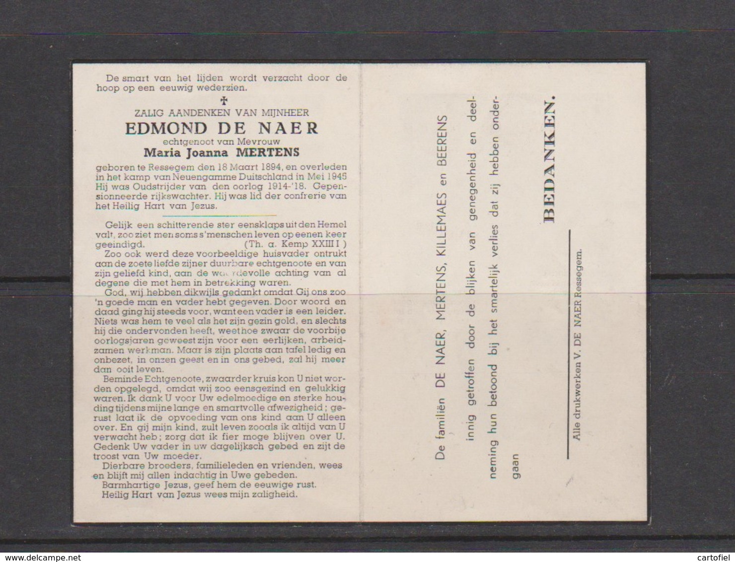 DOODSPRENTJE-PIEUSE-OORLOG-EDMOND DE NAER-MERTENS-RESSEGEM+NEUENGAMME-RIJKSWACHTER-1894+1945-ZIE DE 2 SCANS - Images Religieuses