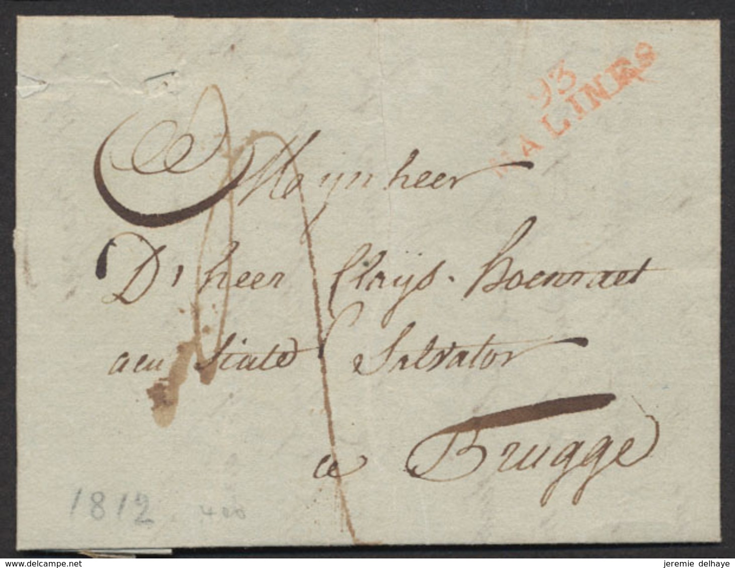 Précurseur - LAC Datée De Mechelen (1812) + Obl Linéaire 93 / MALINES Et Port "4" > Brugge - 1794-1814 (Période Française)