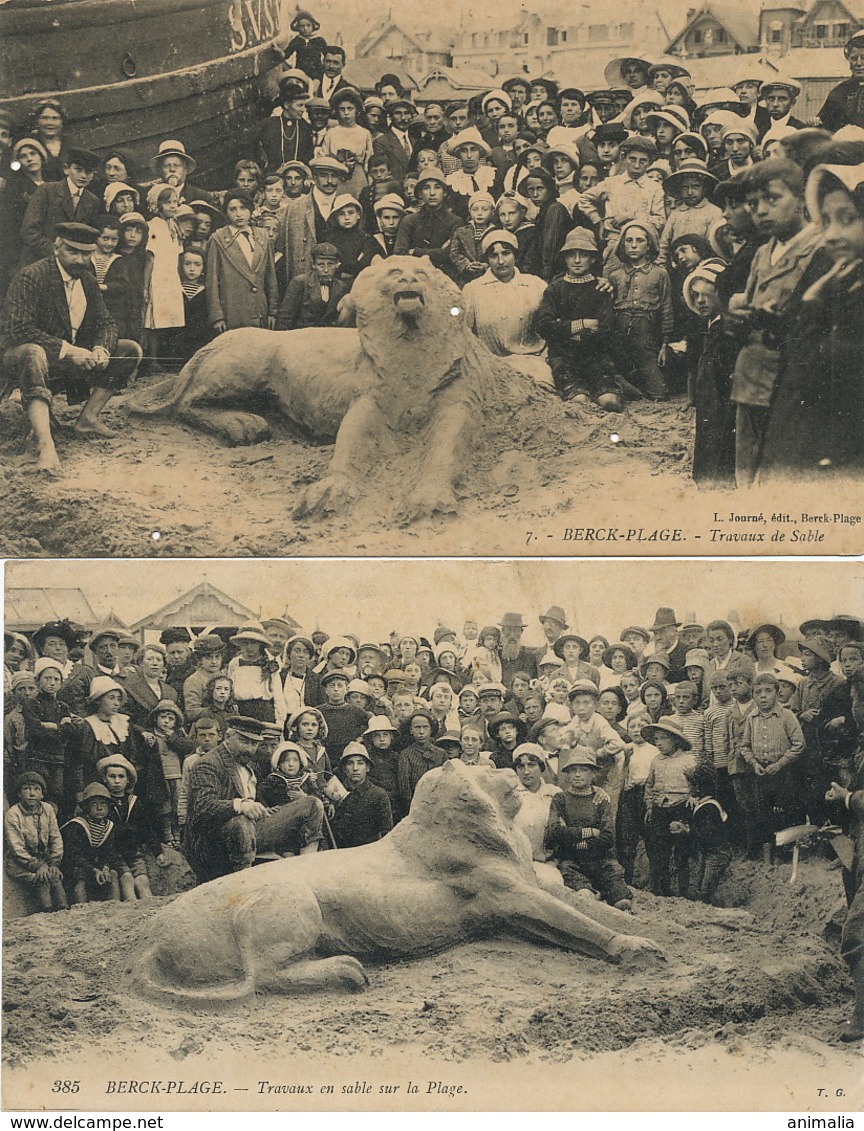 Lion En Sable à Berck. 2 Cartes . Hand Sand Made Lion . 2 Cards - Lions