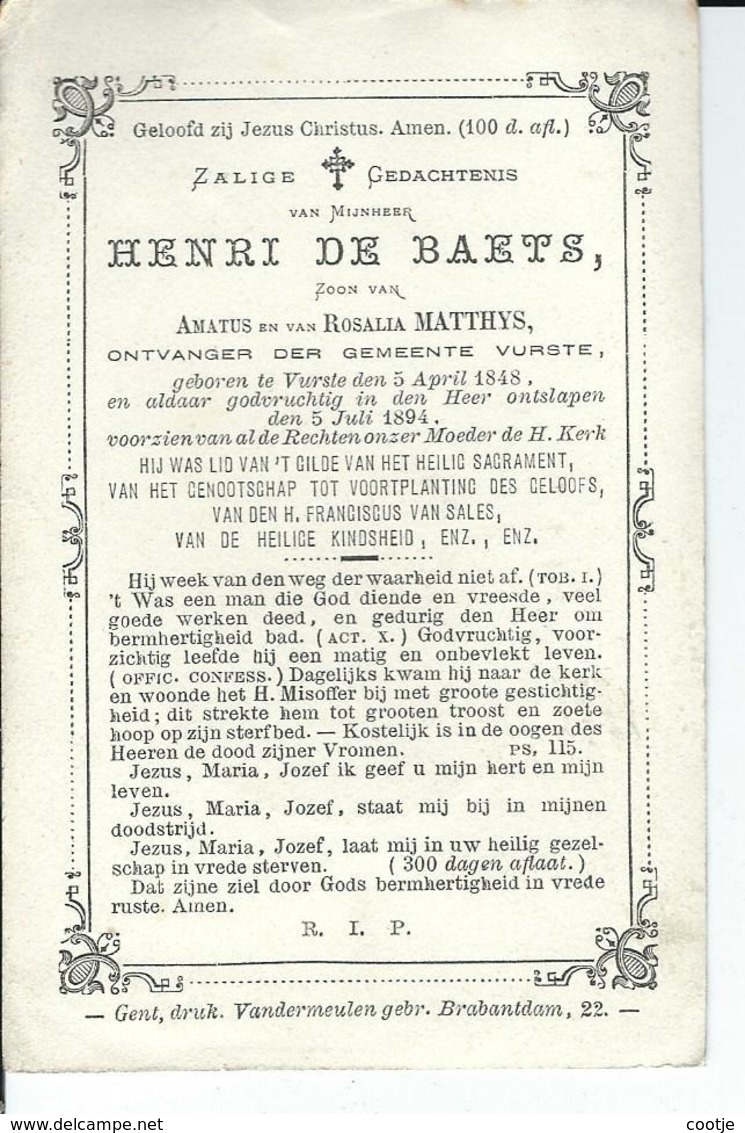 Henri De Baets O Vurste 1848 + 1894 - Devotieprenten