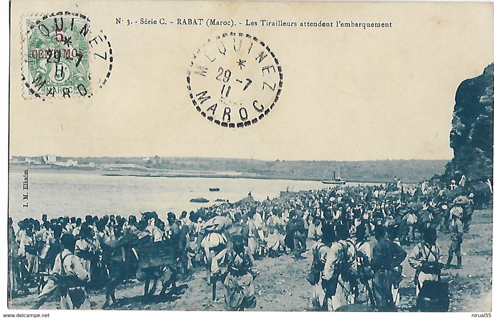 Maroc MEQUINEZ CAD 29.7.1911 Sur Type Blanc Cpa RABAT Les Tirailleurs Attendent L'embarquement ... G - Briefe U. Dokumente