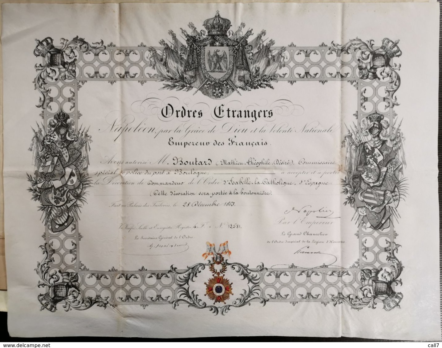 Diplôme Et Correspondances Commandeur De L'Ordre D'Isabelle La Catholique, Par Marie Christine Reine D'Espagne 1862 - Avant 1871