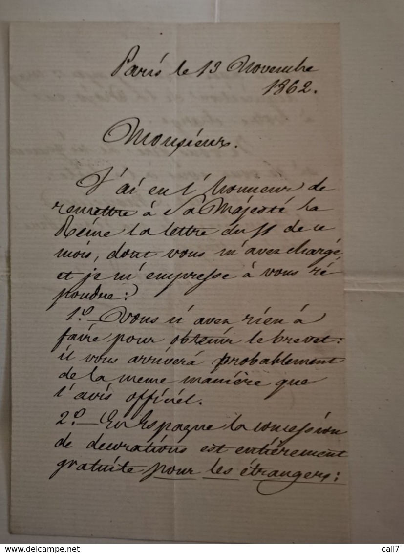 Diplôme et correspondances Commandeur de l'Ordre d'Isabelle la Catholique, par Marie Christine Reine d'Espagne 1862