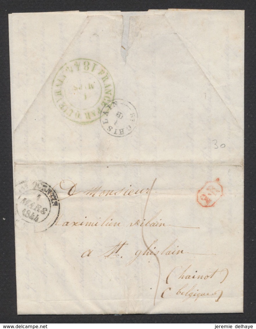 Précurseur - LAC Datée De St-Quentin (1844) + Timbre "2.R" > St-Ghislain çàd T18 + Cachet Ambulant "France Par Quievrain - 1815-1830 (Dutch Period)