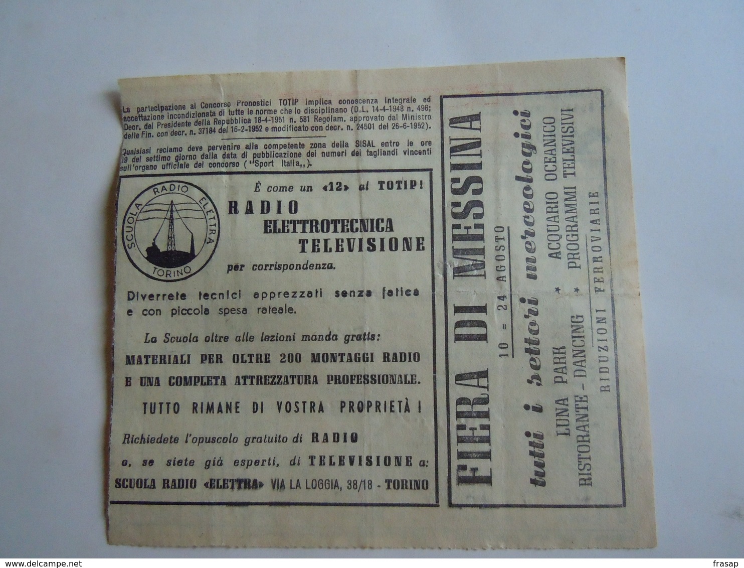 SCHEDINA GIOCATA TOTIP CORSE CAVALLI GIORNATA 33 1954 RADIO ELETRONICA TELEVISIONE FIERA DI MESSINA - Hipismo