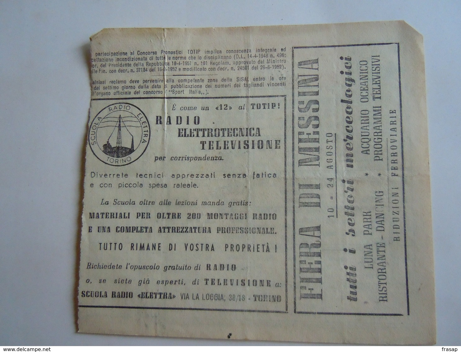SCHEDINA GIOCATA TOTIP CORSE CAVALLI GIORNATA 32 1954 RADIO ELETRONICA TELEVISIONE FIERA DI MESSINA - Hipismo