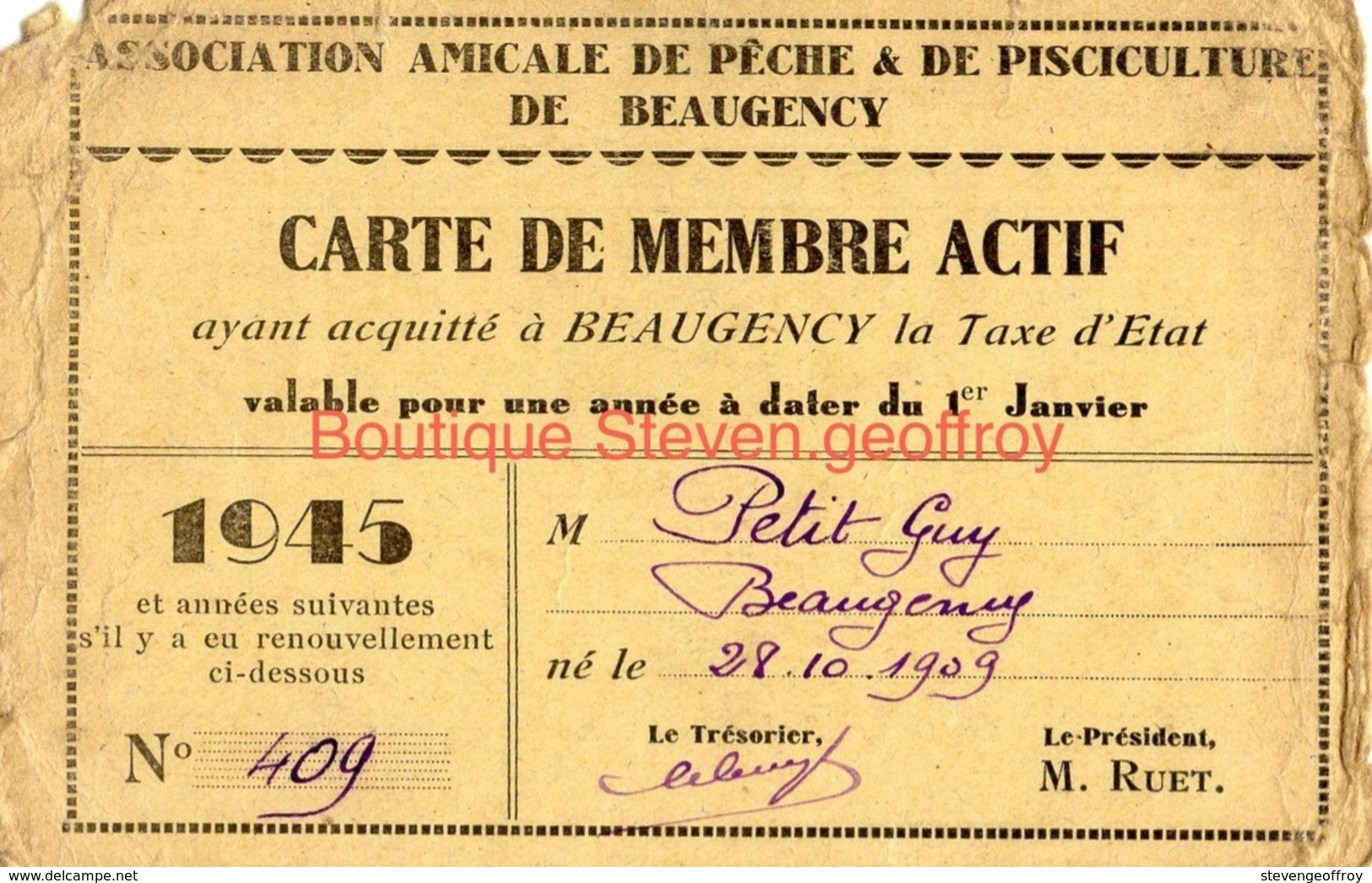 Carte De Membre Association Amicale De Peche Et Pisciculture Beaugency 1945 Petit Guy - Documents Historiques