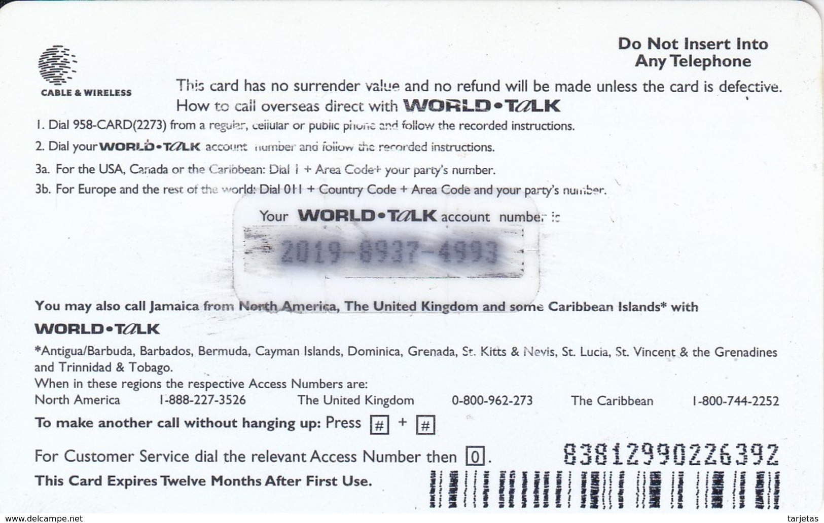 TARJETA DE JAMAICA DE WORLD TALK $300 (CABLE & WIRELESS) PLASTICO - Jamaica