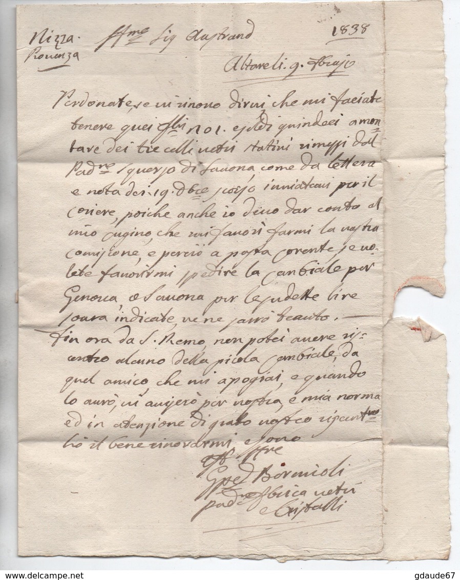 1838 - LETTRE De CARCARE Pour NICE - ...-1850 Préphilatélie