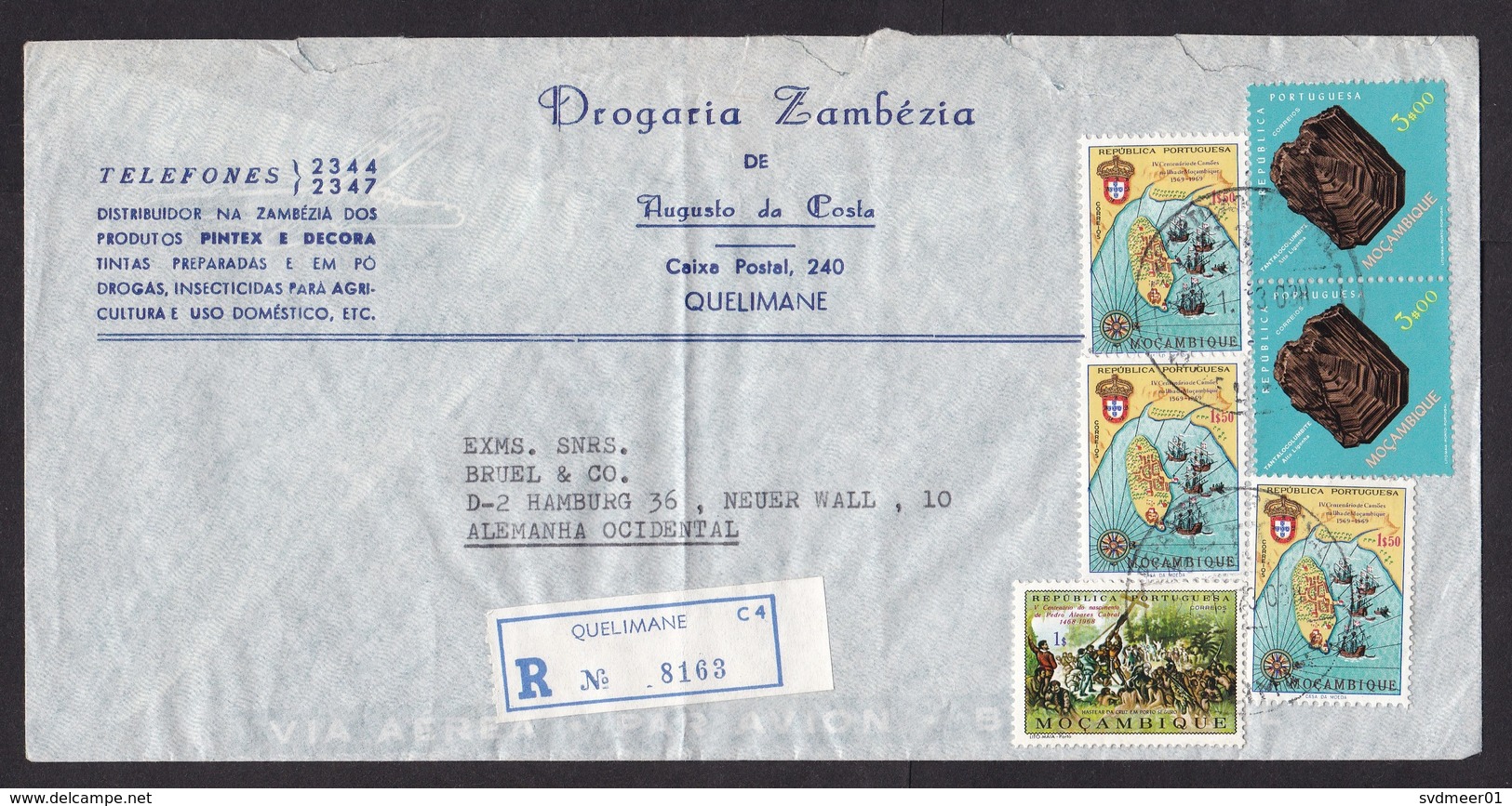 Mozambique: Registered Cover To Germany, 1973, 6 Stamps, Mineral, Map, History, Ship, R-label, Rare Real Use (damaged) - Mozambique