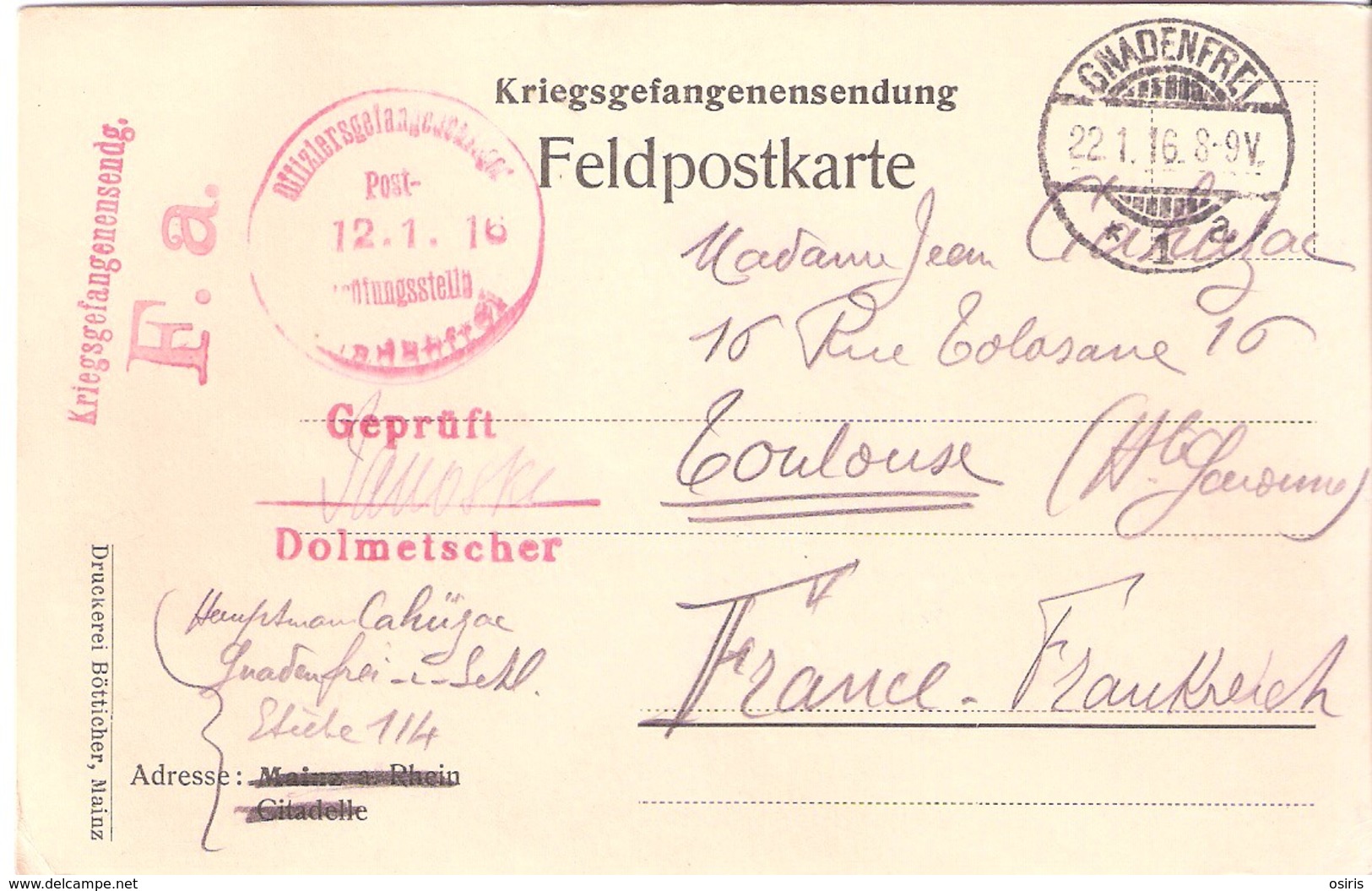 Guerre 1914-18  Carte D'un Officier Français Prisonnier En Allemagne Du 22 Janvier 1916 - 1877-1920: Période Semi Moderne