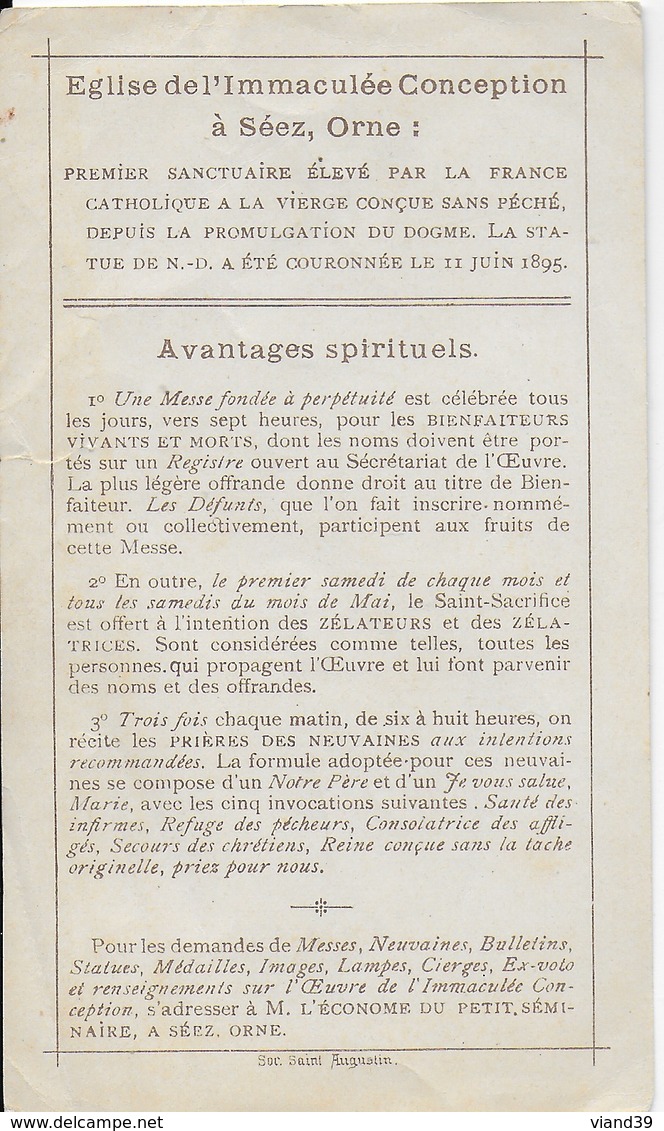 Notre Dame De Séez - Image Avec Les Avantages Spirituels, église De L'Immaculée Conception De Séez, Orne - Devotieprenten