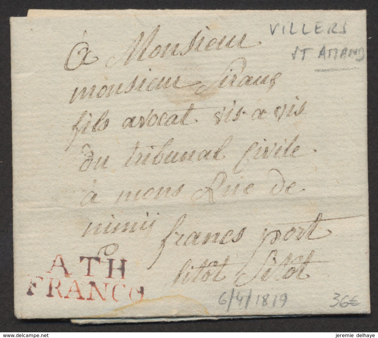 LAC Datée De Villers-St-Amand (1819) + Obl Linéaire ATH / FRANCO, Manusc. "Franc Port" Et "Sitot Sitot" > Mons - 1815-1830 (Hollandse Tijd)
