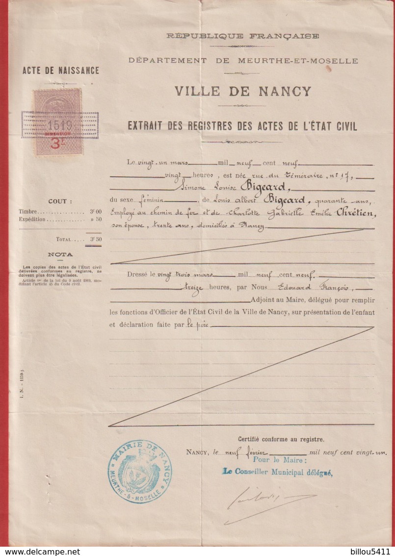 Acte De Naissance Ville De Nancy Du 09/02/1921 ( Timbre De Dimension De 3 F) - Unclassified